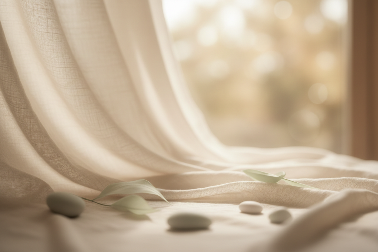 A soft, calming background image for a prenatal wellness website, featuring gentle natural light, neutral beige and cream tones, and a peaceful, minimal atmosphere. The image should feel airy and soothing, with no sharp focus, suitable as a background for text. No active poses, no strong subjects, premium and calm aesthetic.