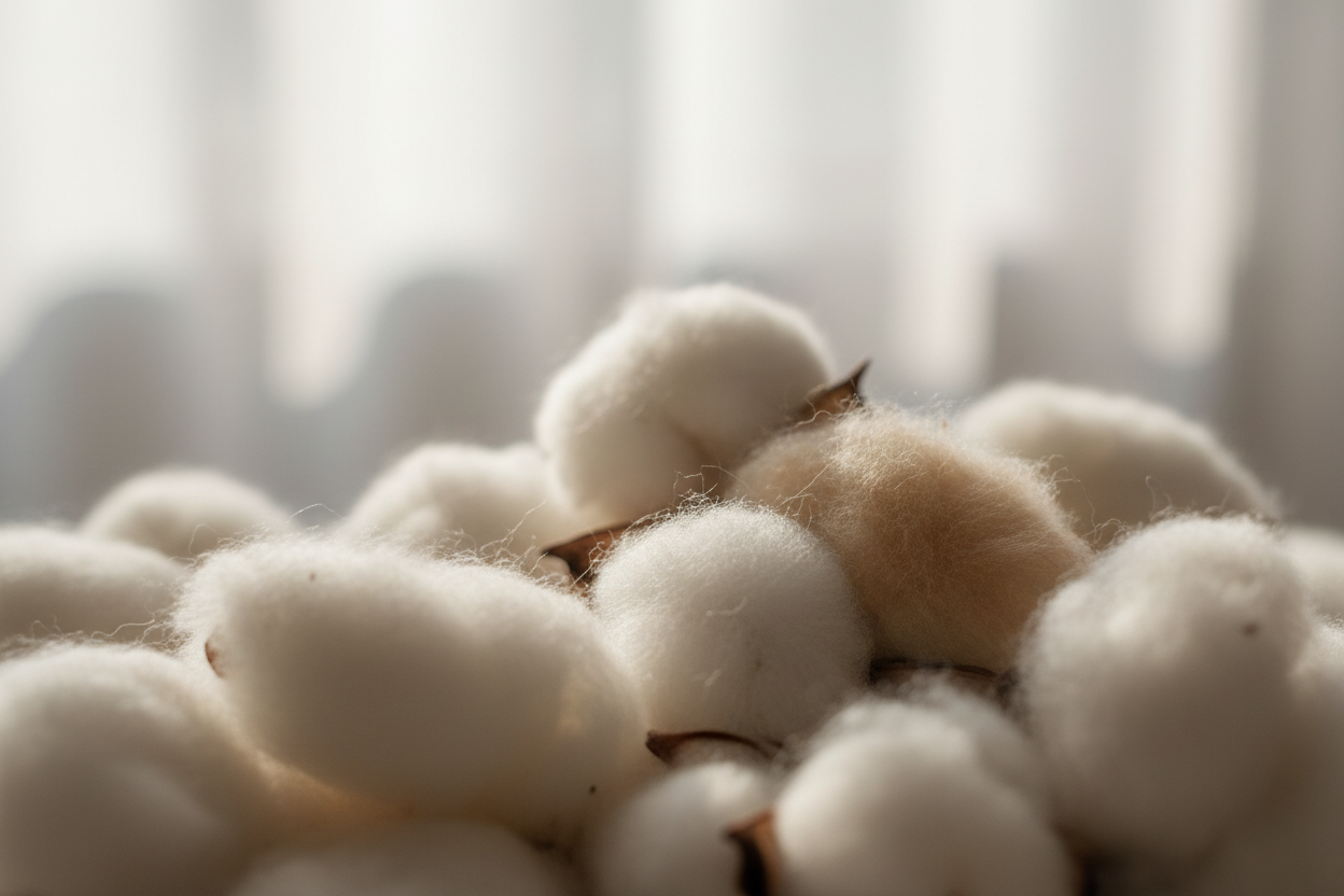 Minimal calming background with soft cotton elements, neutral beige and off-white tones, diffused natural light, serene maternal wellness mood, clean and unobtrusive website background.