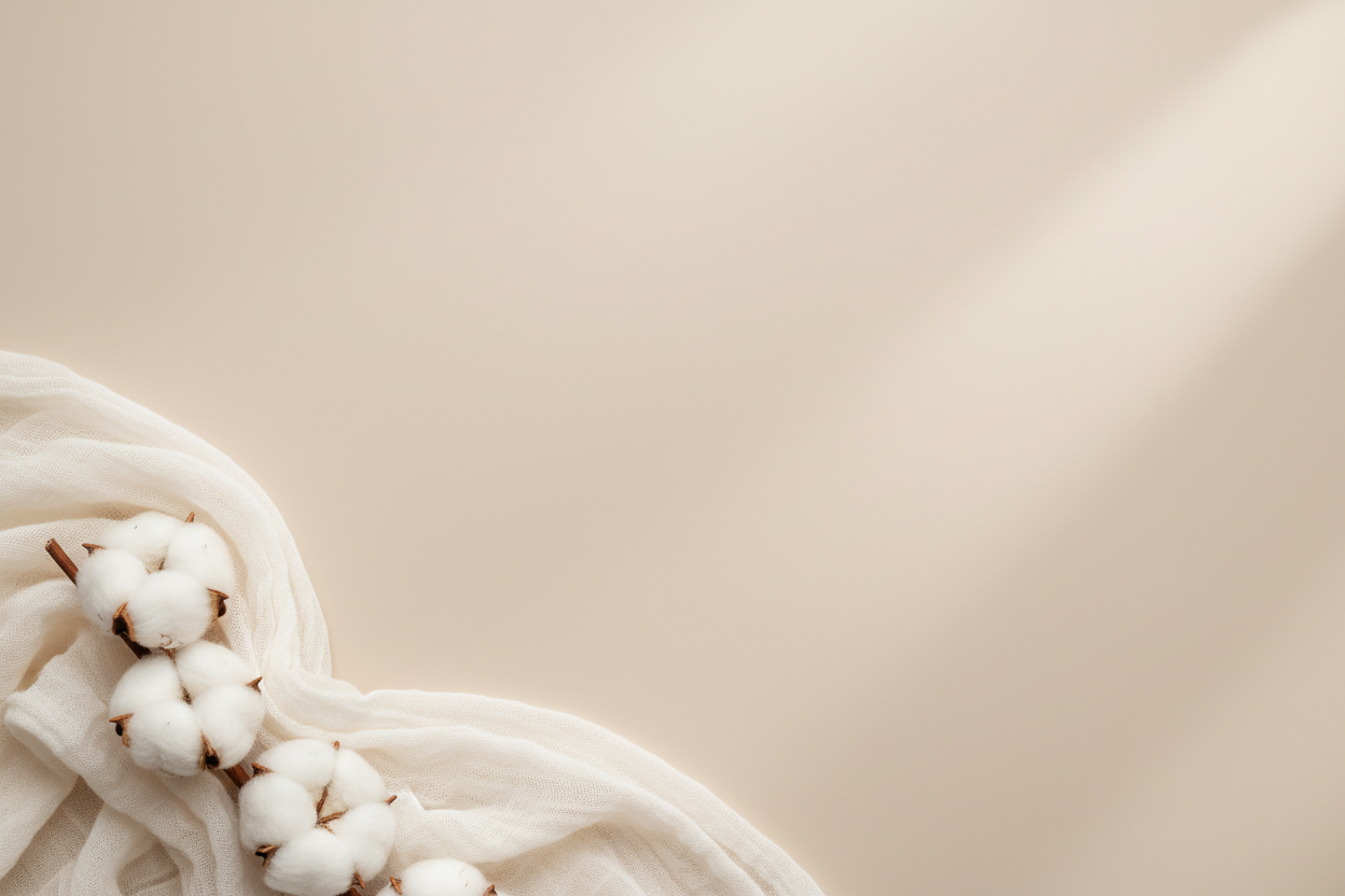 Minimal calming website background image with soft cotton or fabric elements placed subtly in the bottom-left corner only, while the remaining 70–75% of the image is clean, soft beige negative space. Diffused natural light, warm cream and off-white tones, serene maternal wellness aesthetic, no people, no products, designed for text overlay.